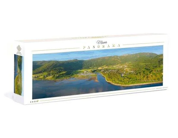Puslespill av Misvær med 1000 brikker. Ferdiglagt er puslespillet 98 x 38 cm