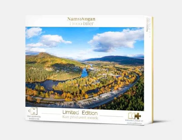 Puslespill av Namsskogan med 1000 brikker. Ferdiglagt er puslespillet 70 x 50 cm.