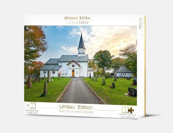 Puslespill av Ørland kirke med 1000 brikker. Ferdiglagt er puslespillet 70 x 50 cm.
