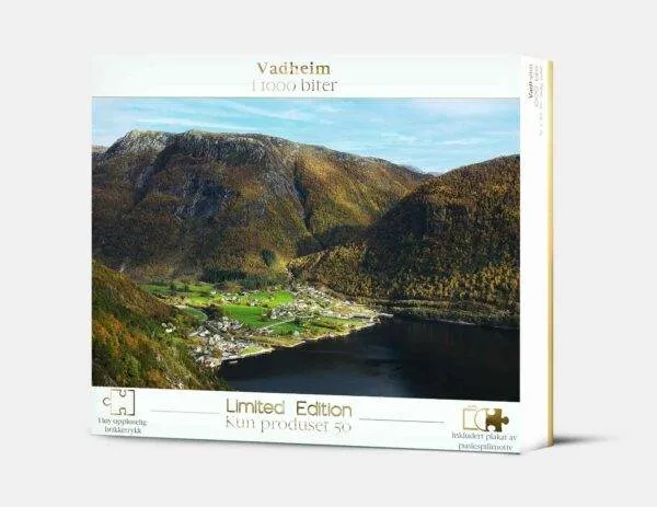 Puslespill av Vadheim med 1000 brikker. Ferdiglagt er puslespillet 70 x 50 cm.