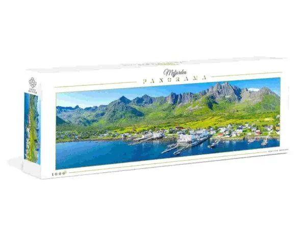 Puslespill av Mefjorden med 1000 brikker. Ferdiglagt er puslespillet 98 x 38 cm.
