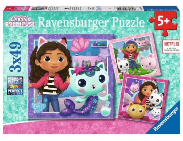 Ravensburger puslespill – Gabby’s Dukkehus (3 x 49 biter) med fargerike scener fra serien