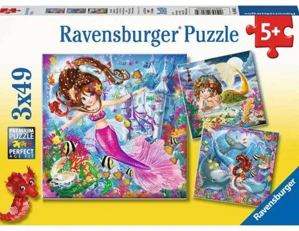 Ravensburger puslespill – Havfruer (3 x 49 biter) med undervannsmotiver og magiske havfruer