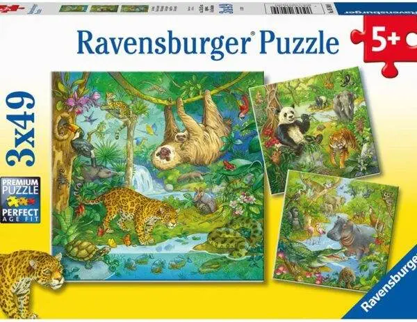 Ravensburger jungelpuslespill med 3 motiver av tigre, aper og papegøyer. 49 brikker per puslespill. Perfekt for barn fra 5 år. Tittel (til bilde): Ravensburger Puslespill – I Jungelen | 3 x 49 Biter
