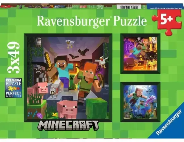 Ravensburger puslespill med 3 Minecraft motiver. Hvert puslespill har 49 brikker. Perfekt for barn fra 5 år.