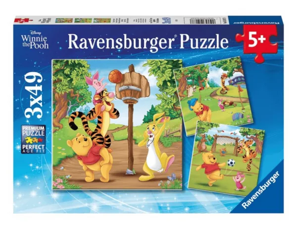 Ravensburger puslespill med sportsmotiver. Tre puslespill i én pakke, hver med 49 brikker. Perfekt for barn fra 5 år.