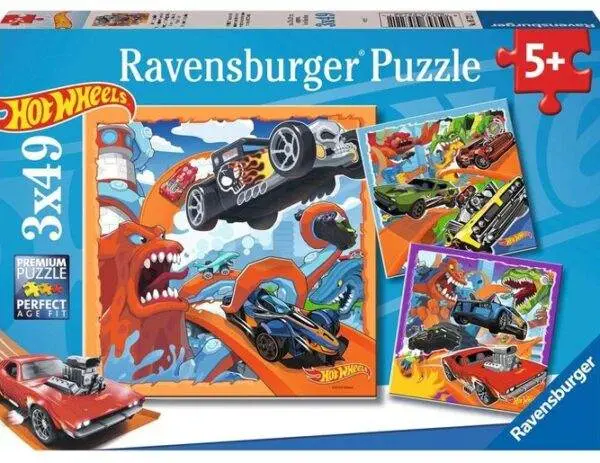 Ravensburger puslespill – Tøffe Biler (3 x 49 biter) med raske sportsbiler og racerbiler