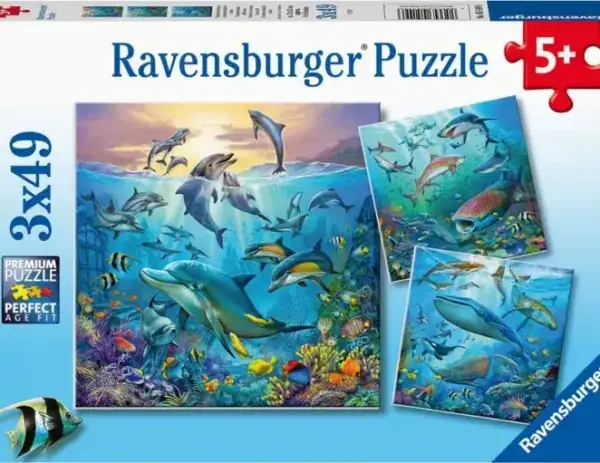 Ravensburger puslespill – Under Havet (3 x 49 brikker) med fargerike undervannsmotiver