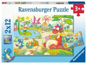 Ravensburger puslespill med dinosaurer. To puslespill i én pakke, hver med 12 brikker. Perfekt for barn fra 3 år.