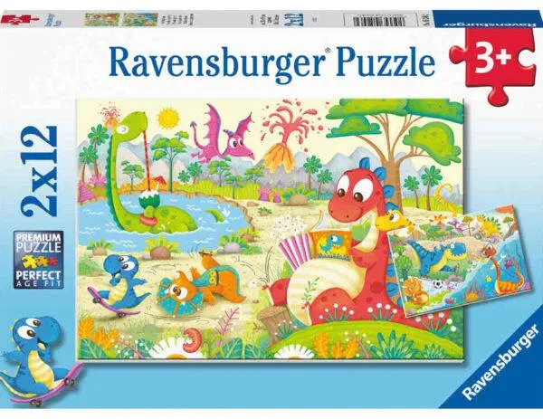 Ravensburger puslespill med dinosaurer. To puslespill i én pakke, hver med 12 brikker. Perfekt for barn fra 3 år.