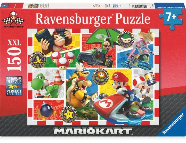 Ravensburger Puslespill – Mario Kart (150 brikker XXL). Actionfylt motiv med Mario, Luigi og Yoshi i et racerløp. Perfekt for barn fra 7 år.