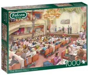Falcon The Bingo Hall 1000-brikkers puslespill med et livlig og humoristisk motiv fra en bingohall.