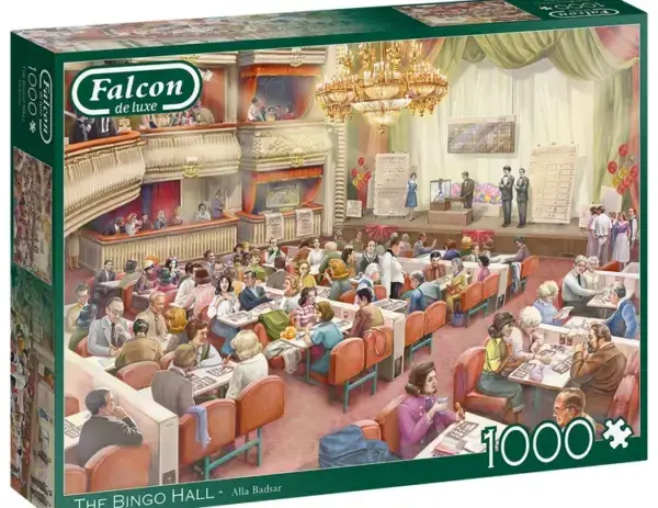 Falcon The Bingo Hall 1000-brikkers puslespill med et livlig og humoristisk motiv fra en bingohall.