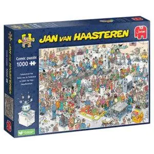 Jan Van Haasteren Futureproof Fair 1000-brikkers puslespill med humoristiske fremtidsscener.