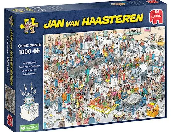 Jan Van Haasteren Futureproof Fair 1000-brikkers puslespill med humoristiske fremtidsscener.