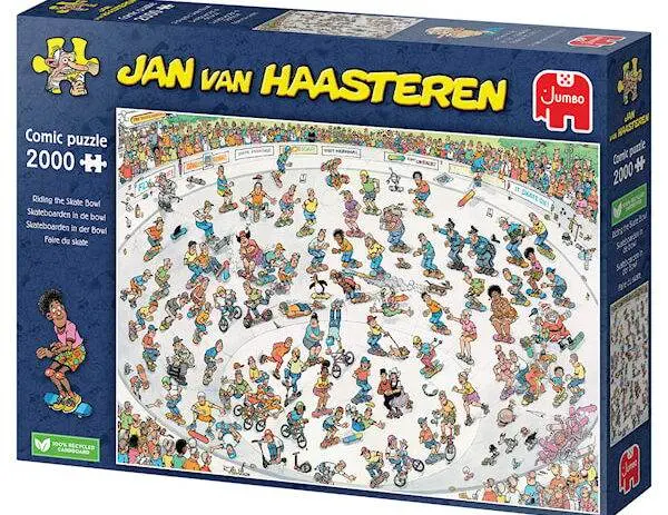 Jan Van Haasteren Riding the Skate Bowl 2000-brikkers puslespill med en travel skatepark-scene.