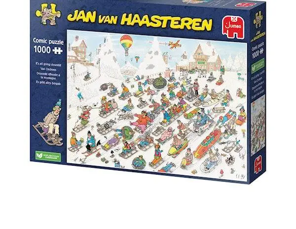 Jan Van Haasteren It's All Going Downhill 1000-brikkers puslespill med et humoristisk vinterkaos.