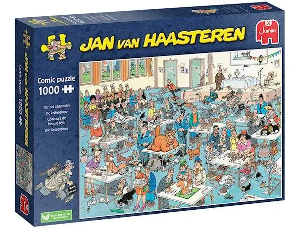 Jan Van Haasteren Kattenshow 1000-brikkers puslespill med humoristisk katteshow-motiv.