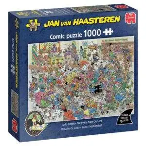Jan Van Haasteren Ludo Battle 1000-brikkers puslespill med kaotisk og humoristisk motiv.