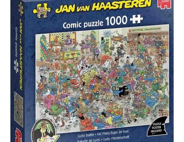 Jan Van Haasteren Ludo Battle 1000-brikkers puslespill med kaotisk og humoristisk motiv.