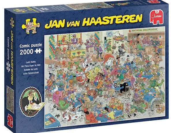 Jan Van Haasteren Ludo Battle 2000-brikkers puslespill med et kaotisk og humoristisk brettspilltema.