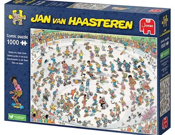 Jan Van Haasteren Riding the Skate Bowl 1000-brikkers puslespill med kaotisk og humoristisk motiv.