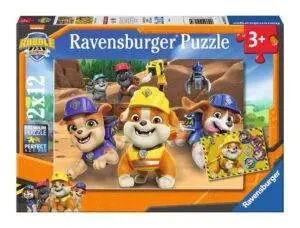Rubble og Gjengen i Aksjon! 2 x 12 brikker. Paw Patrol puslespill med Chase, Marshall og Rubble i action. Perfekt for små barn.