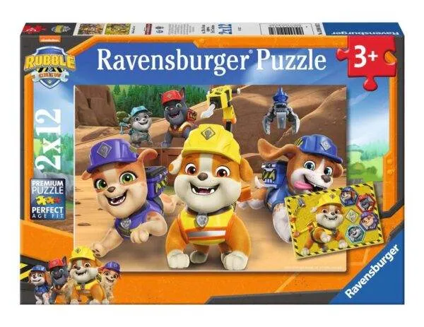Rubble og Gjengen i Aksjon! 2 x 12 brikker. Paw Patrol puslespill med Chase, Marshall og Rubble i action. Perfekt for små barn.