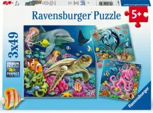 Ravensburger puslespill med undervannsmotiver. Tre puslespill i én pakke, hver med 49 brikker. Perfekt for barn fra 5 år.