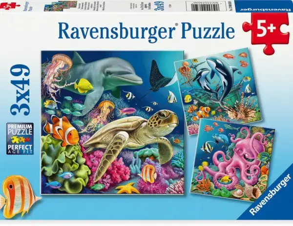 Ravensburger puslespill med undervannsmotiver. Tre puslespill i én pakke, hver med 49 brikker. Perfekt for barn fra 5 år.